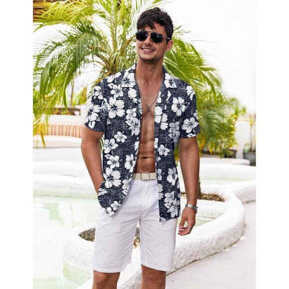 Men's Navy-white Flower Casual Short Sleeve Button Down Textured Beach Shirts - Picture 3 of 6